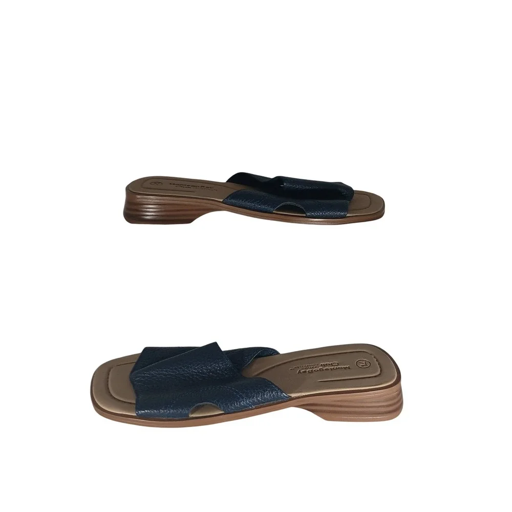 Montego Bay Club Leather Slide Sandals 7.5 Navy Blue Wedge Coastal Summer